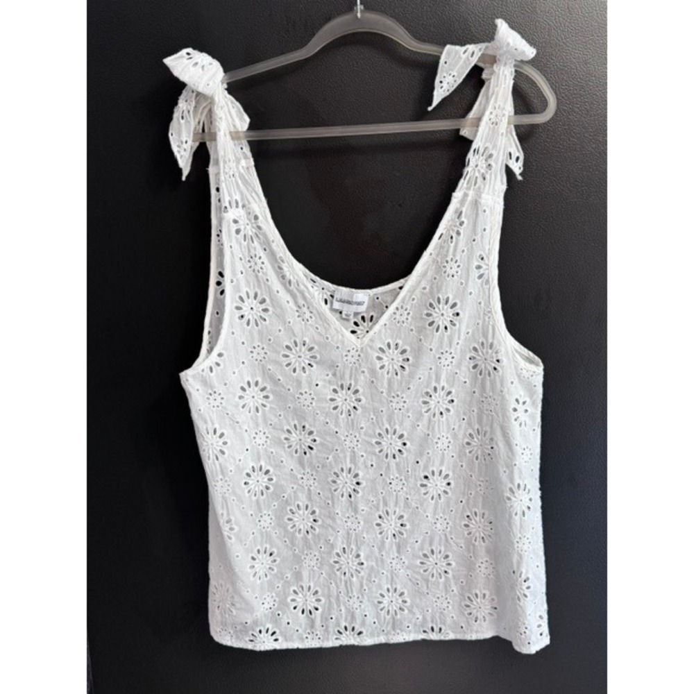 Lala Factory White Eyelet Tie Shoulder V-Neck Tank Top Large Boho Floral Cutout